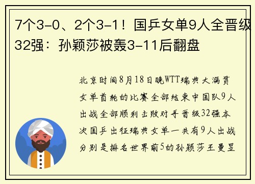 7个3-0、2个3-1！国乒女单9人全晋级32强：孙颖莎被轰3-11后翻盘